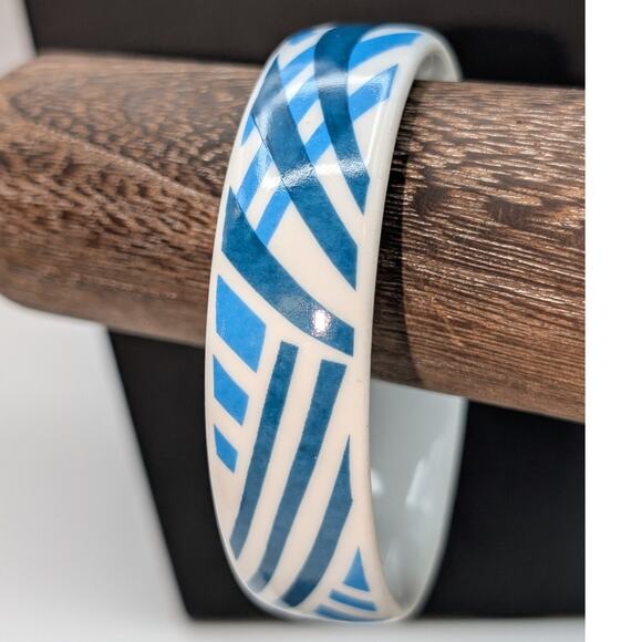 Ceramic Blue Teal Plaid Pattern Design Bangle Bracelet - Picture 1 of 6